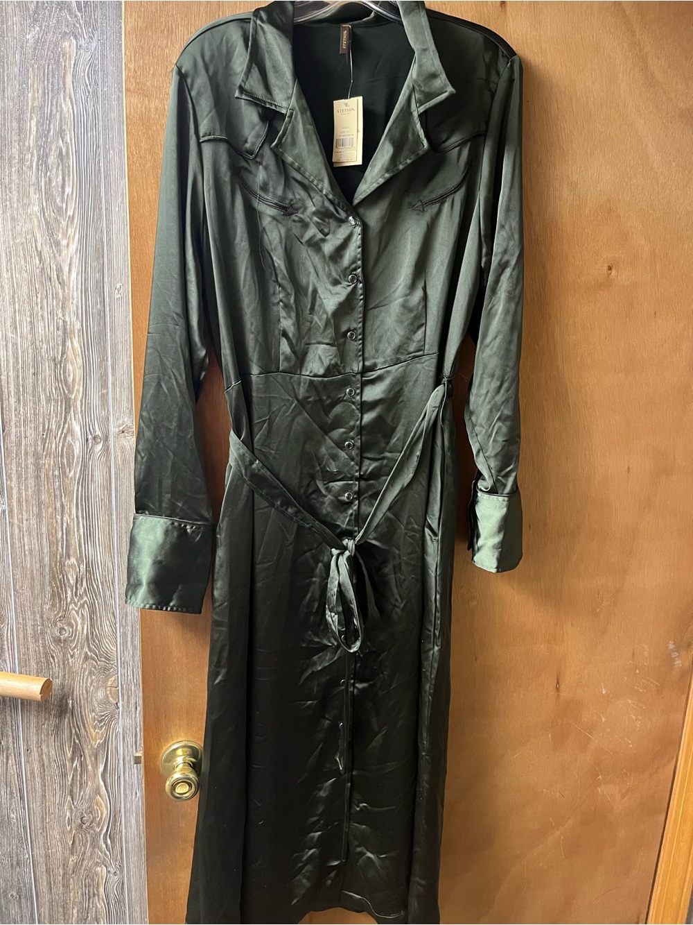 Stetson Dark Green Satin Long Sleeve Shirt Dress